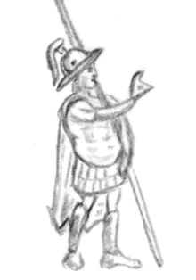 Indo-Greek officer (on a coin of Menander II), circa 90 BCE, with a cuirass, lamellar armour for the thighs, and leg protections (cnemids), making a blessing gesture